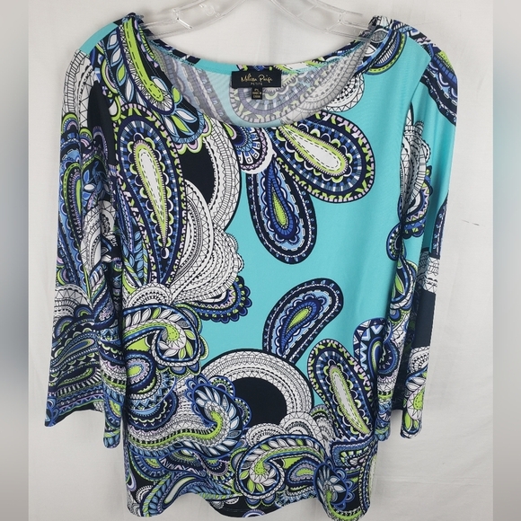 Melissa Paige Torquoise 3/4th Length Sleeve Paisley Print Shirt Sz PL - Picture 2 of 9